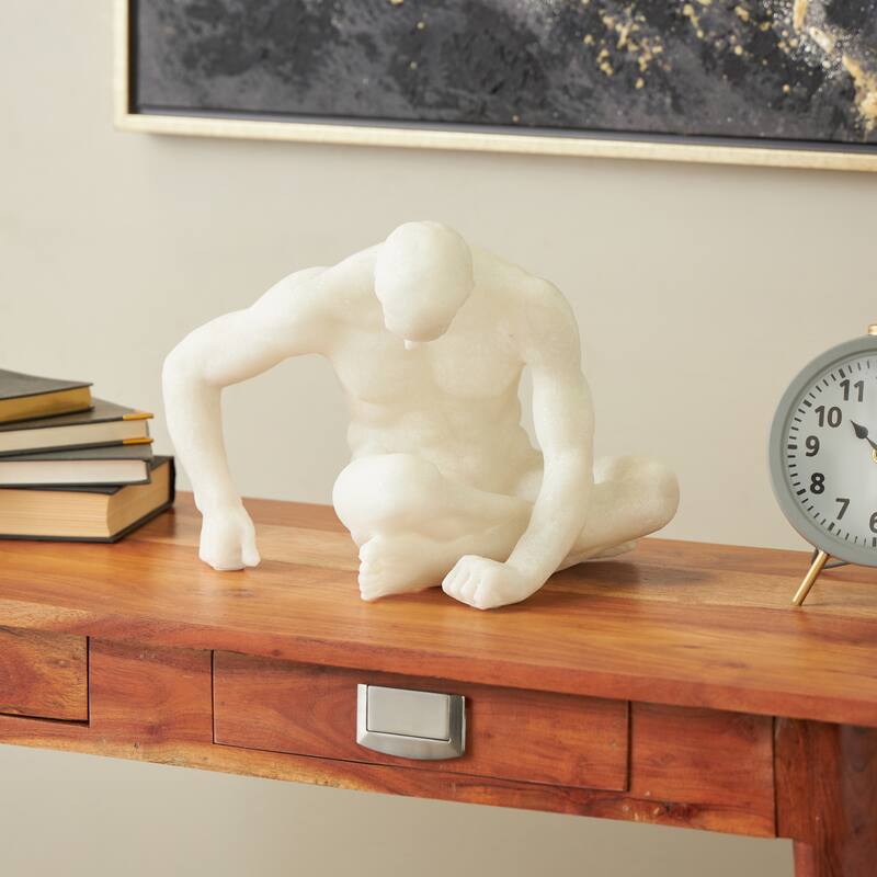 White Polystone Sitting People Decorative Sculpture with Shimmer - White