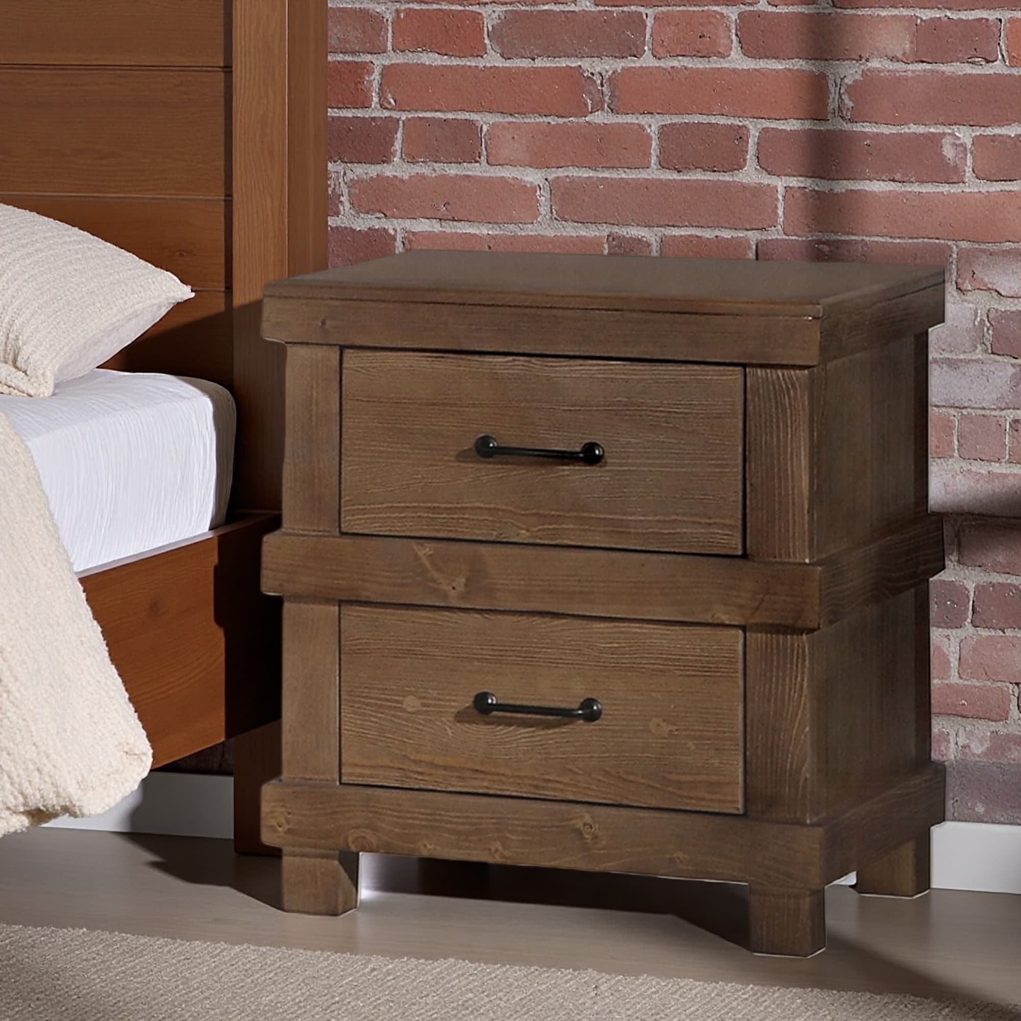 20"L Wooden Nightstand with 2 Drawers, Ball Bearing Glides, Dark Metal Handles, Traditional & Industrial Bedroom Furniture