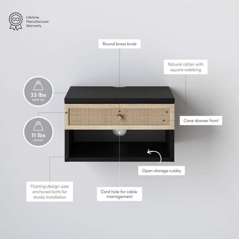 Nathan James Jackson Modern Floating Bedroom Nightstand with Storage Drawer and Open Shelf Cubby