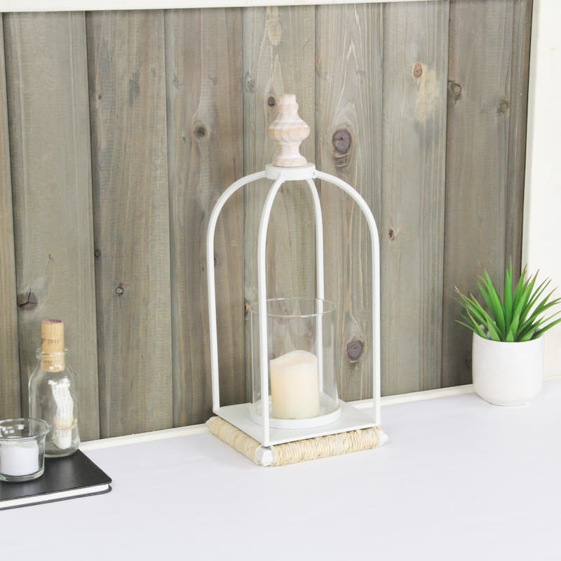 Thistledale White Metal Lantern with Wood and Rope Accents
