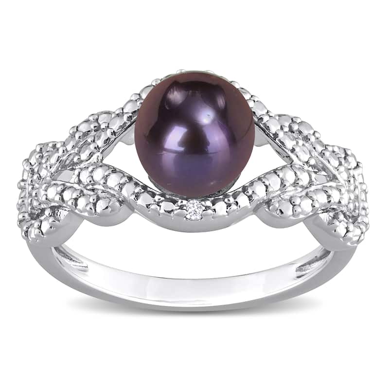 Miadora 7-7.5mm Black Cultured Freshwater Pearl and Diamond Accent Criss-Cross Ring in Sterling Silver