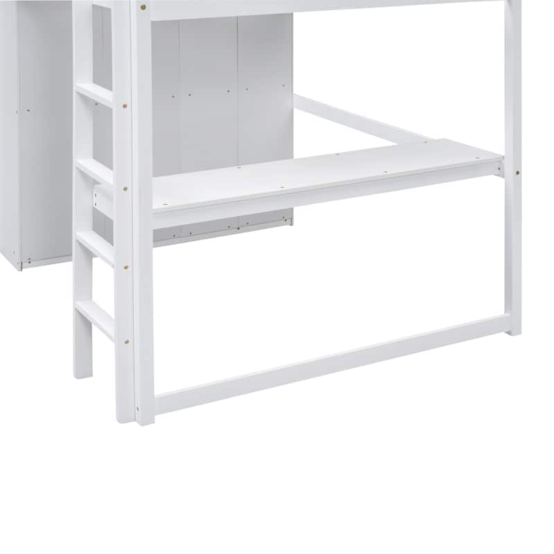 White Full Size Solid Wood Loft Bed with Built-in Wardrobe, Desk, Storage Shelves and Drawers