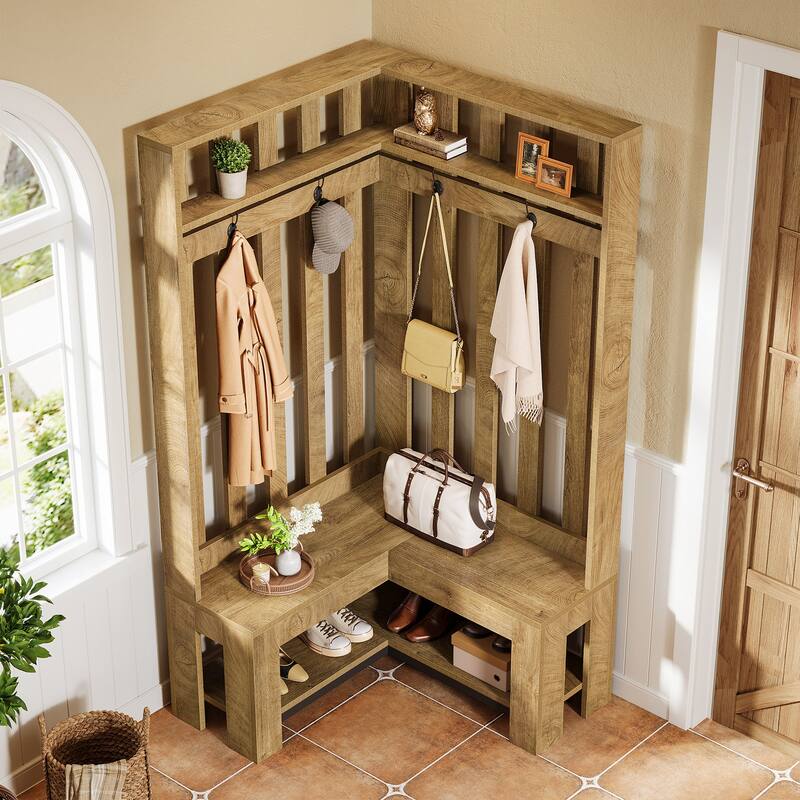 L-Shaped Entryway Hall Tree with Shoe Storage Shelf and 4 Hooks