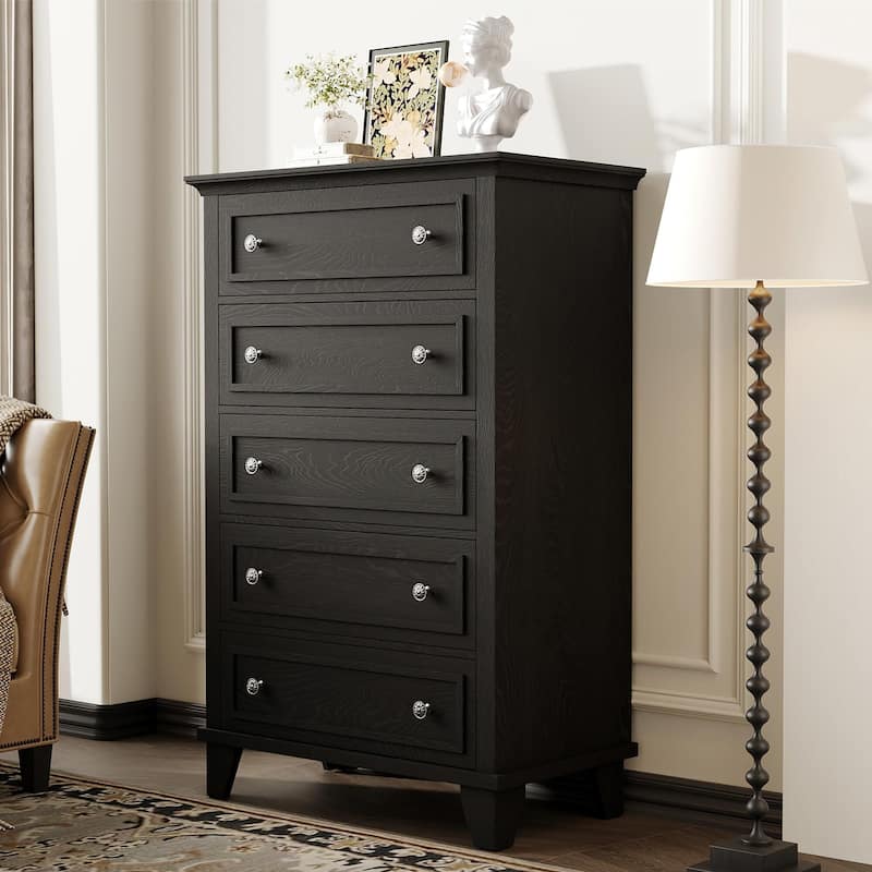 Black 5 Drawer Dresser for Bedroom, 48" Tall Wood Dresser & Chests of Drawers with Deep Drawers, Modern Chest Organizer