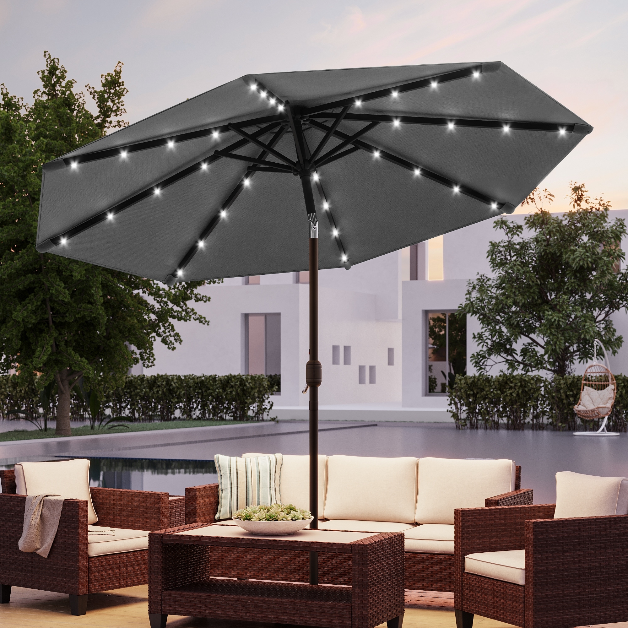 BONOSUKI Patio 10Ft LED Market Umbrellas With Solar Lights, Table Umbrella for Patio and Outdoor With Tilt Button