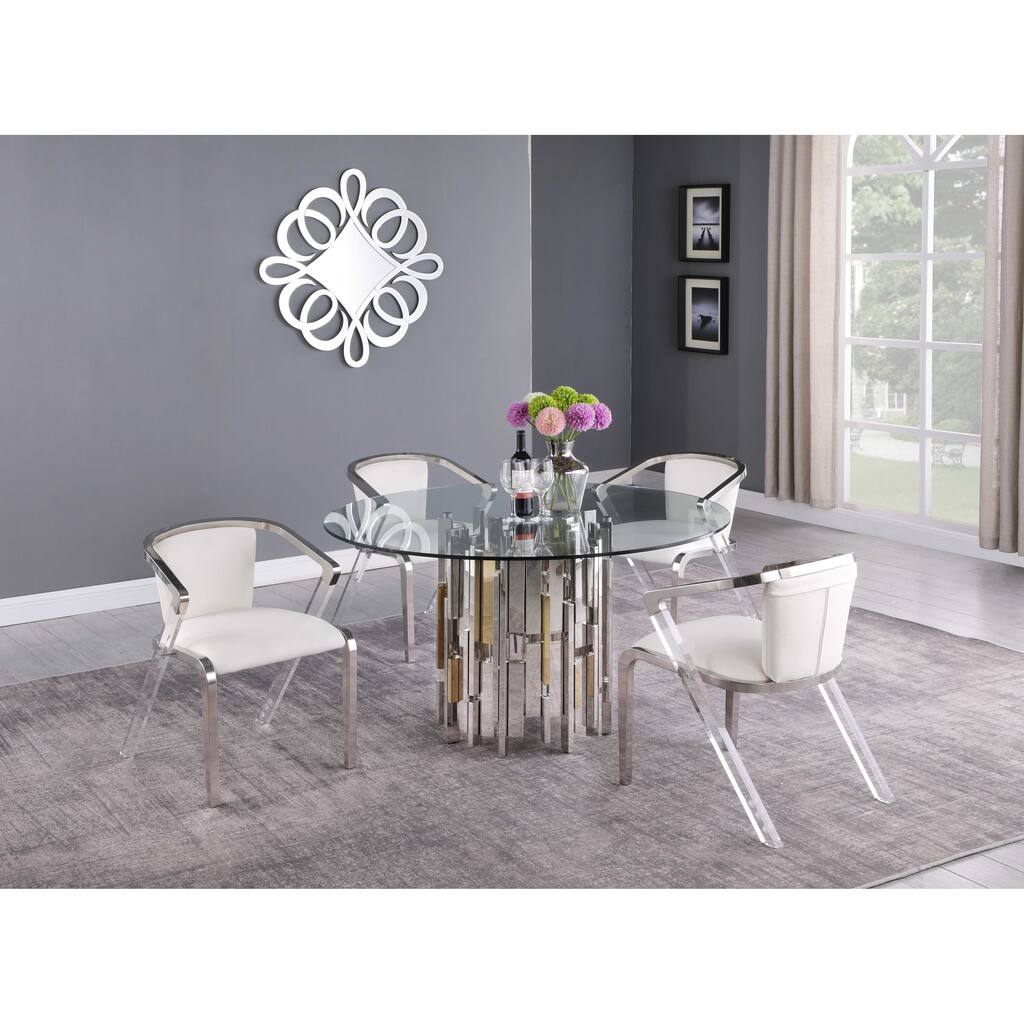 Somette Contemporary Round Glass Table with Steel & Golden Cluster Design Base