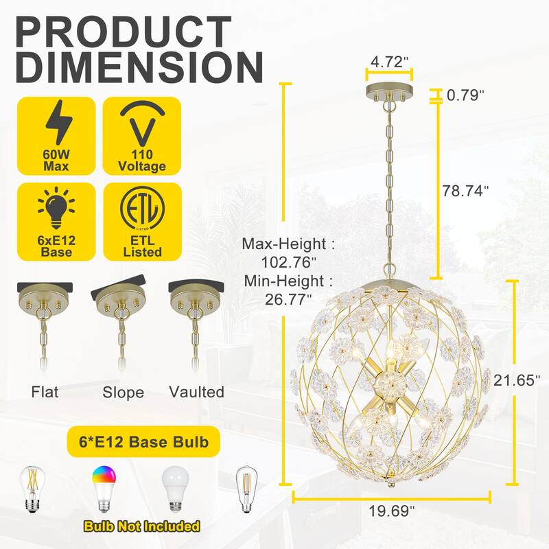 Modern 6-Light Glass Flower Globe Pendant Chandelier for Dining Room