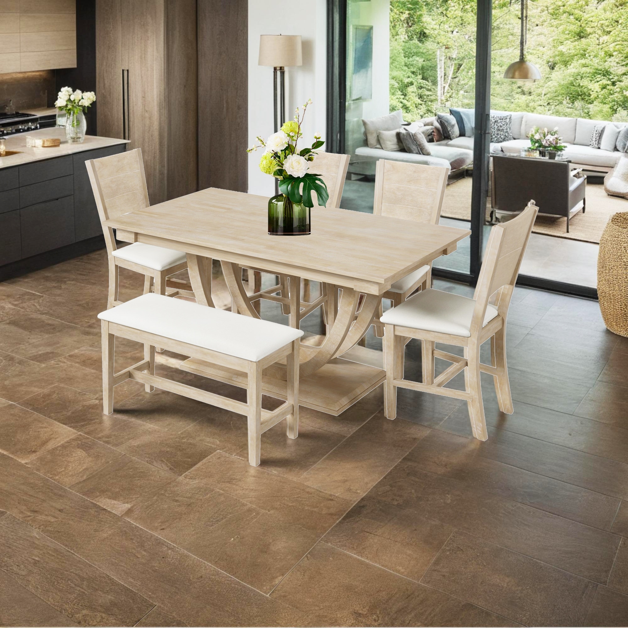 6 Piece Wood Half Round Dining Table Set Kitchen Table Set with Long Bench and 4 Dining Chairs Modern Style Bed Bath Beyond 40434830