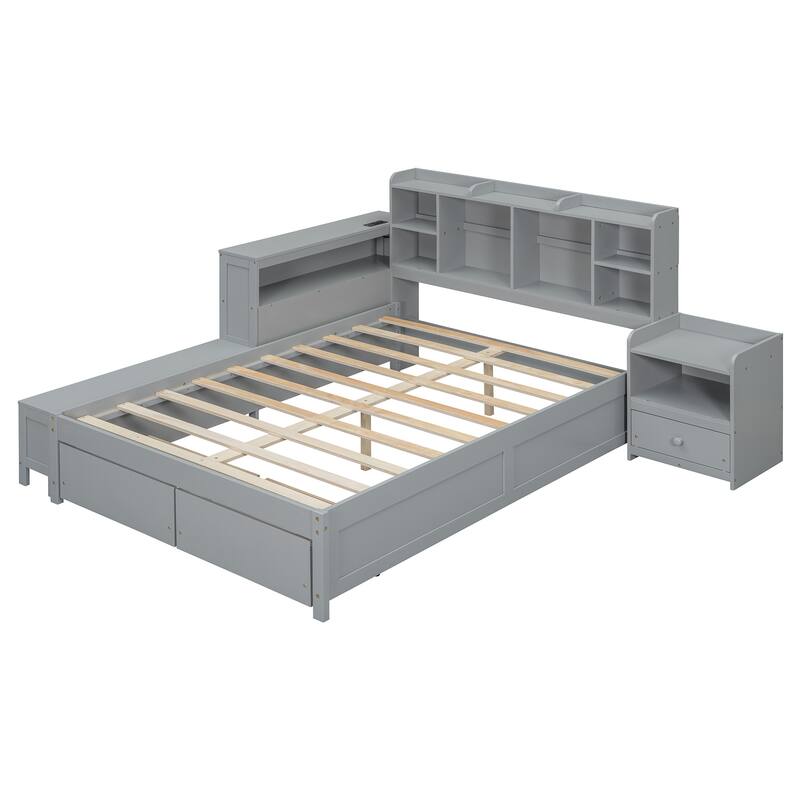 Full Size Wooden Platform Bed with Desk, Nightstand, Storage Drawers, USB Ports, and Headboard Storage