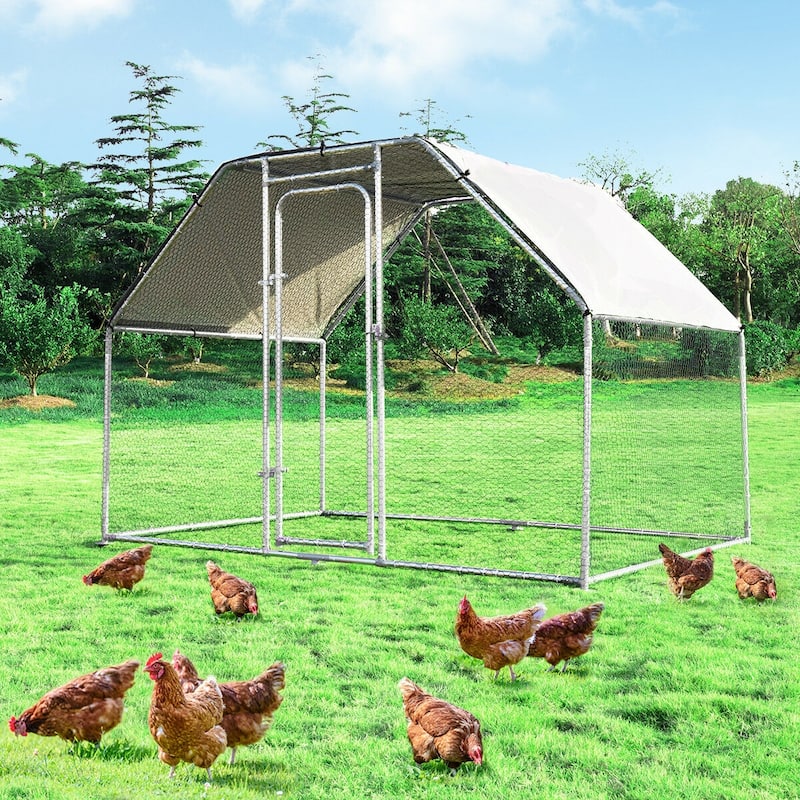 Costway Large Walk In Chicken Coop Run House Shade Cage 9.5' x 6.5' - 9.5' x 6.5' x 6' (L x W x H) - Silver/Beige - 9.5' x 6.5' x 6' (L x W x H)