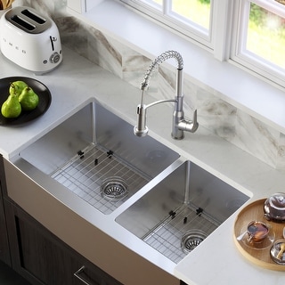 Karran 36" Undermount Double Bowl Stainless Steel Farmhouse Kitchen Sink Kit