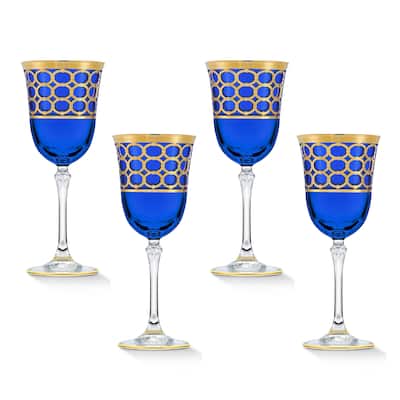 Lorren Home Trends Cobalt Blue White Wine Goblet with Gold Rings, Set of 4