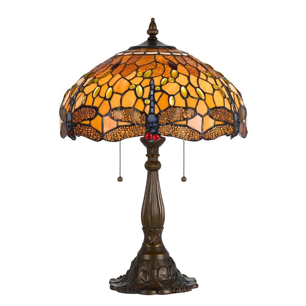 2 Bulb Tiffany Table Lamp with Dragonfly Design Shade, Multicolor