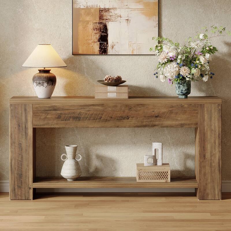 70.9-Inch Farmhouse Narrow Wooden Fluted Console Table for Entryway - 11.8" D x 70.86" W x 33.4" H