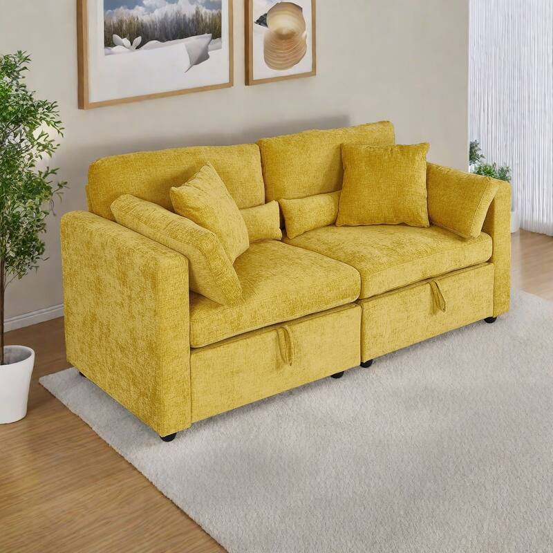 Chenille 2-Seater Sofa with Solid Wood Feet Support, and Rustproof Hardware Feet - Yellow