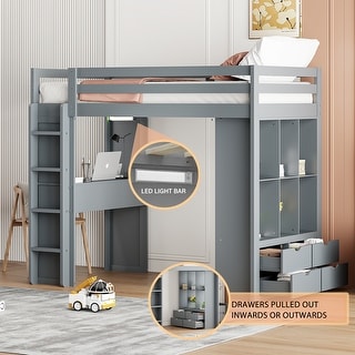 Gray Twin Size Solid Wood Loft Bed with Shelves and LED Light