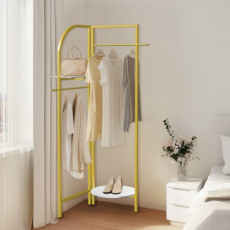 Folding Metal Gold Clothes Rail Corner Standing Coat Rack