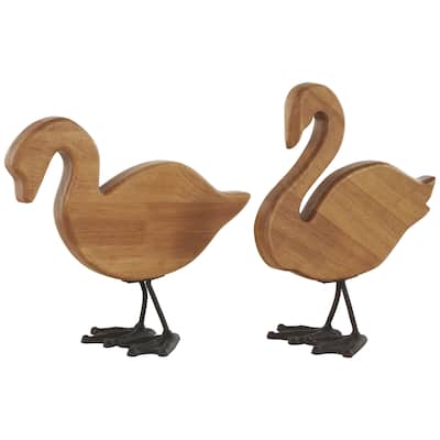 Wood Duck Abstract Minimalistic Decorative Garden Sculpture with Black Metal Feet - Set of 2 Brown - Roche River Decor