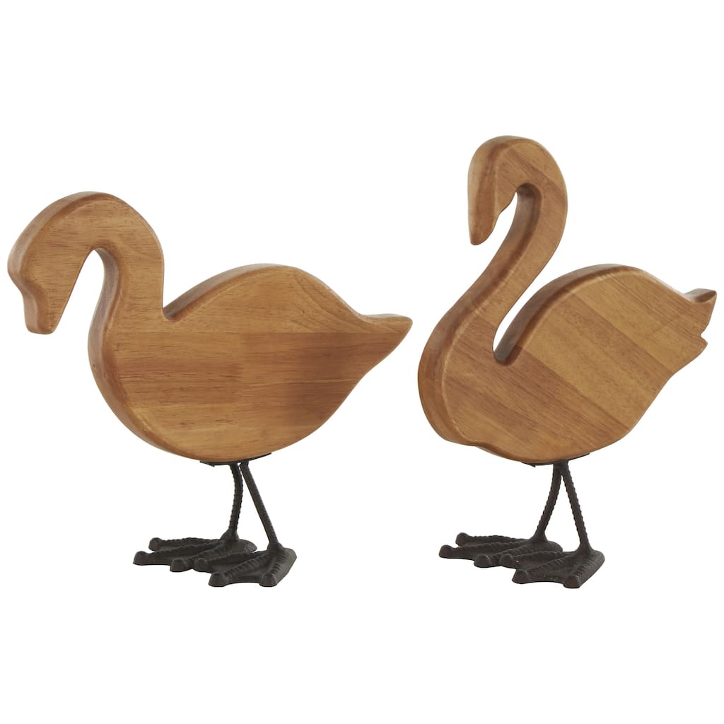 Wood Duck Abstract Minimalistic Decorative Garden Sculpture with Black Metal Feet - Set of 2 Brown - Roche River Decor