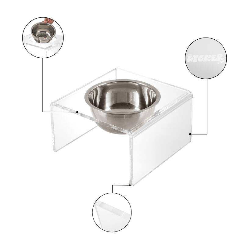 Keaton 5" Small/Medium Modern Lucite Rectangular Elevated Pet Feeder with 20oz 2-Stainless Steel Bowls