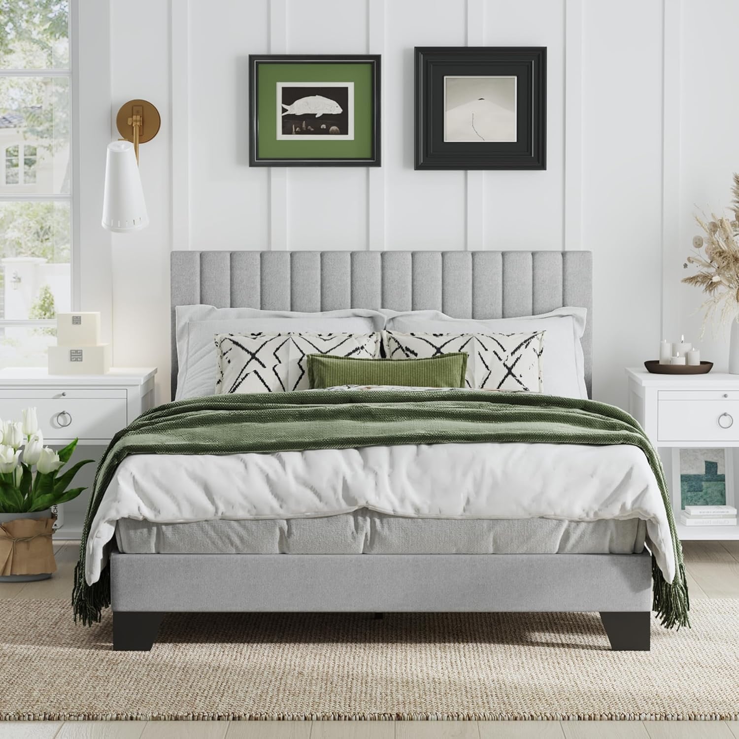 Full Size Upholstered Platform Bed with Adjustable Headboard, Wooden Slats, No Box Spring Needed