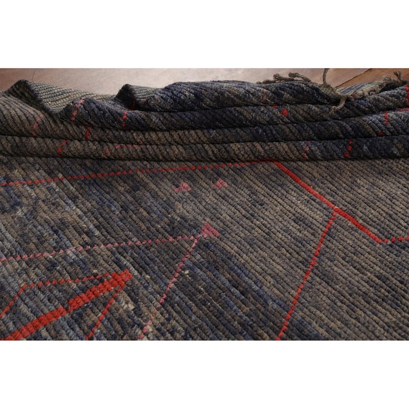 Blue Striped Moroccan Area Rug Hand-Knotted Wool Carpet - 8'2"x 12'3"