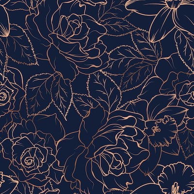 Dark Navy Blue Daffodil Blossom Peonies Removable Wallpaper - 24'' inch x 10'ft