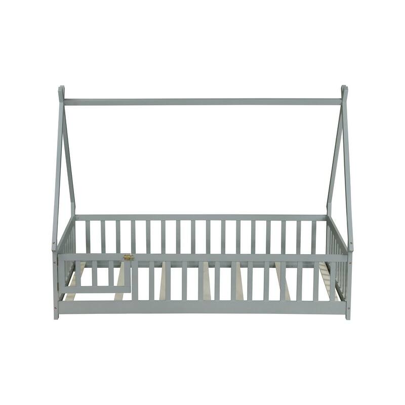 Twin Size Tent-shaped Floor Bed with Guardrails,Slats and Door