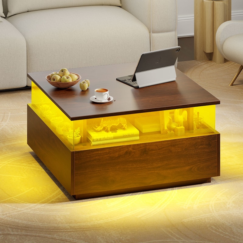 Moasis LED Square Coffee Table with Acrylic Drawers, Wood Center Table for Living Room
