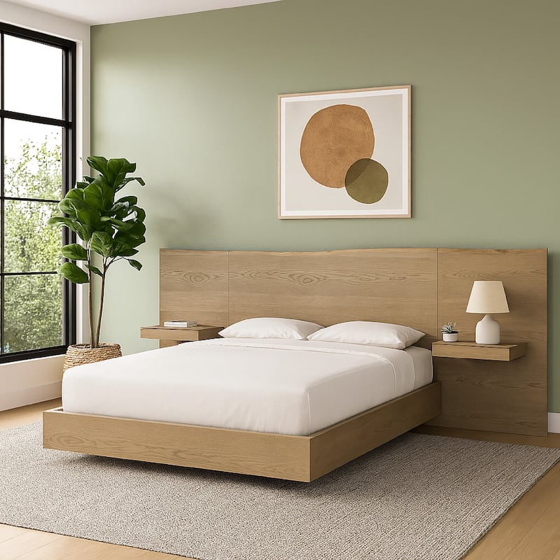 Aziel Queen Size Bed, Live Edge Headboard, Floating Side Shelves, Brown