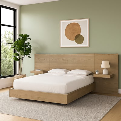 Aziel Queen Size Bed, Live Edge Headboard, Floating Side Shelves, Brown