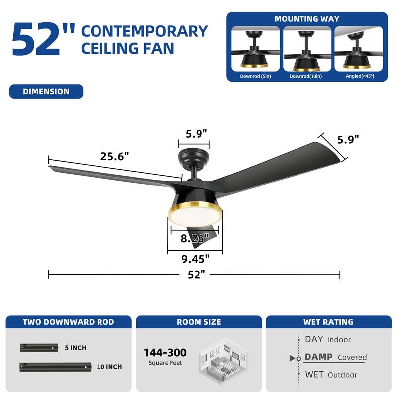 Moasis 52 Inch Black Gold Ceiling Fans with Lights & Remote - 52"