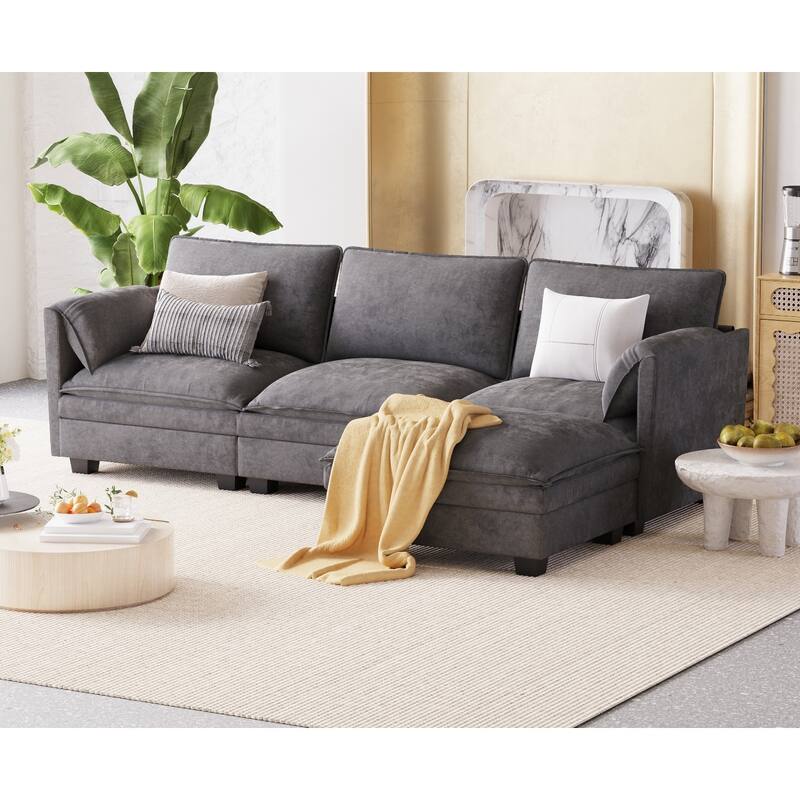 L-Shaped Sectional Sofa with Movable Ottoman, Fabric Upholstered 3 Seater Sofa, Deep Seat Sofa with Side Pockets