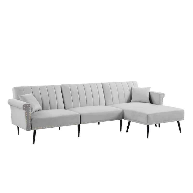 Lshape Sectional Sofa with Ottoman, Elegant Line Design Folding Futon