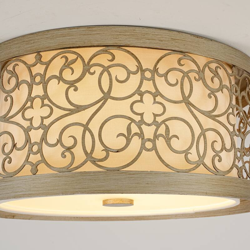 2-Light Mid-Century Modern Unqiue Handcrafted Sunset Gold Flush Mount Light with White Fabric Shade for Living Room & Bedroom