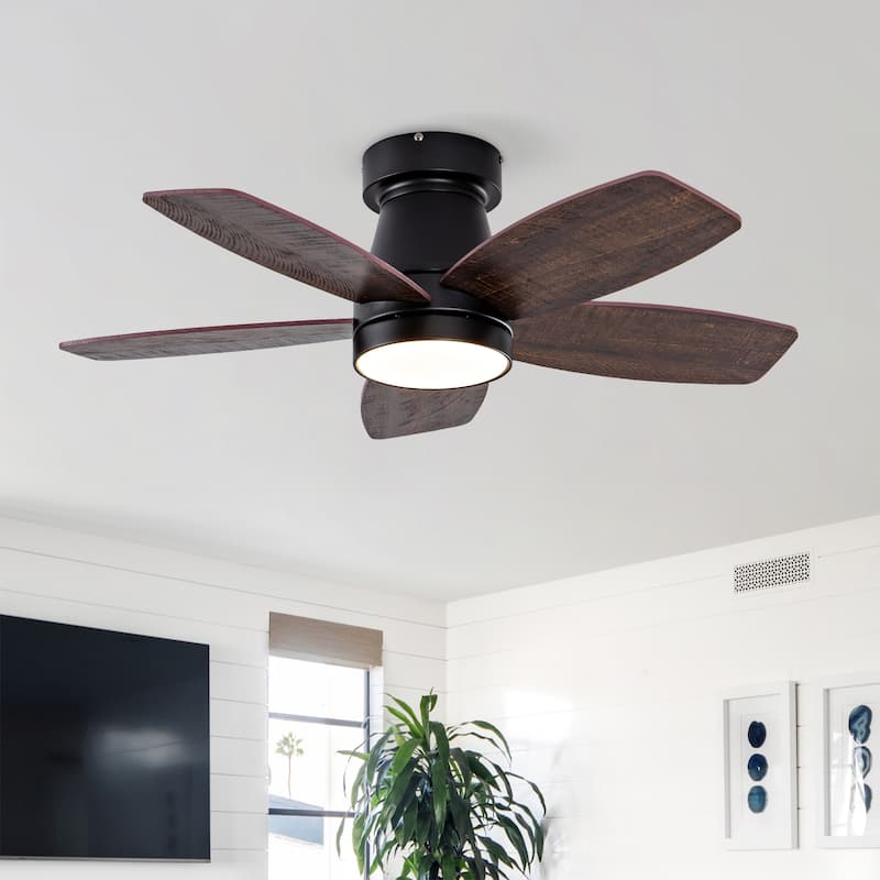 Ceiling Fans with Lights and Remote, 32 Inch Low Profile Ceiling Fan with Light, Flush Mount, Reversible - Black + Dark Walnut - Black + Dark Walnut