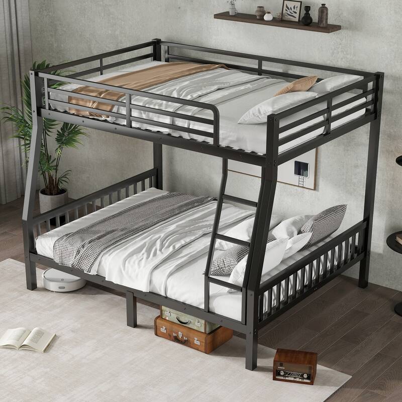 Full XL Over Queen Bunk Bed with Safety Guardrails Heavy-Duty 600lb Capacity Metal Frame with Ladder & Slat Support