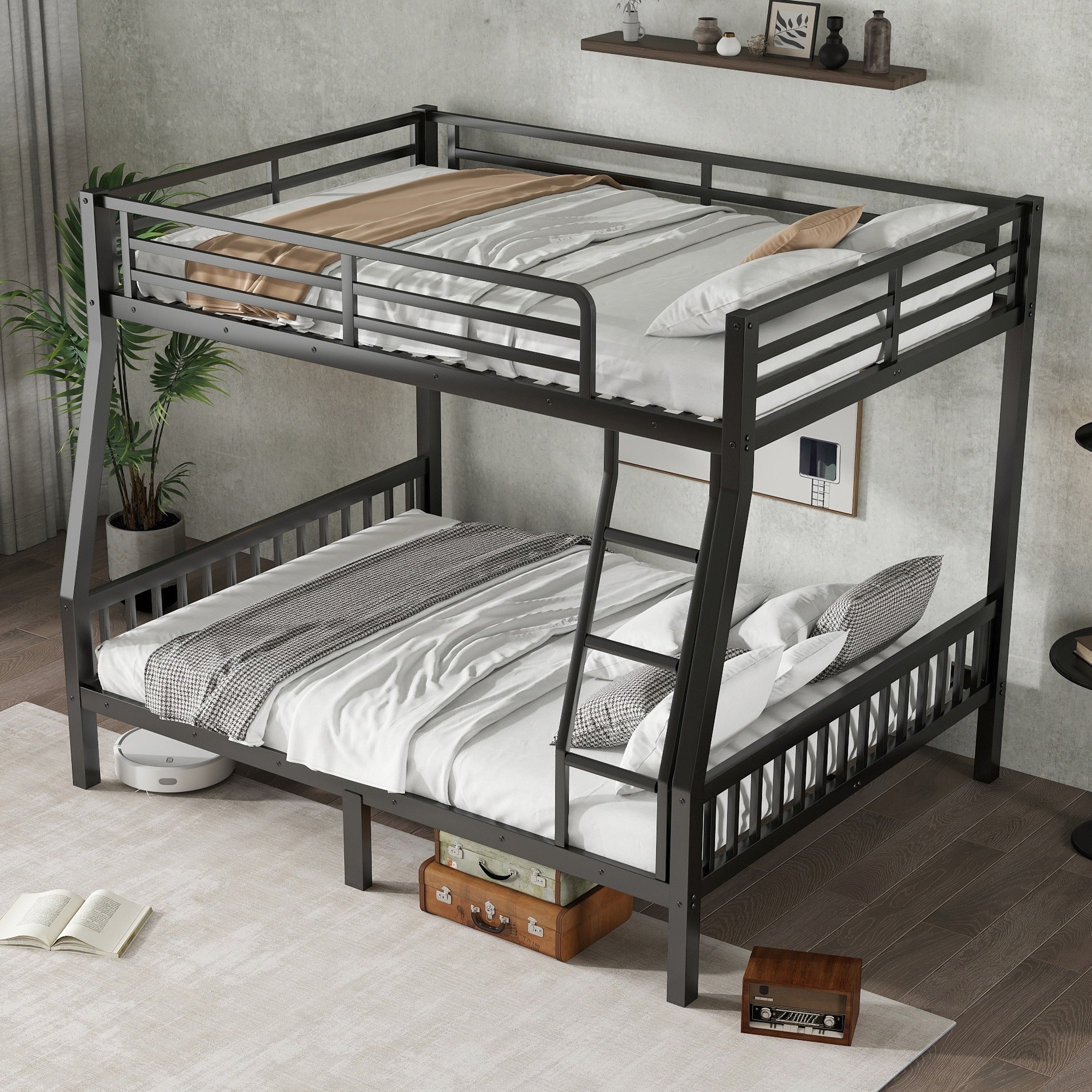 Heavy-Duty Metal Bunk Bed Frame with Ladder and Slats Support