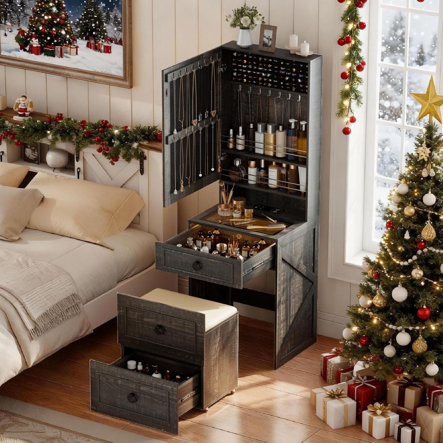 Compact Makeup Vanity Desk with Mirror, Lights, Charging Station, and Jewelry Storage, Rustic Brown