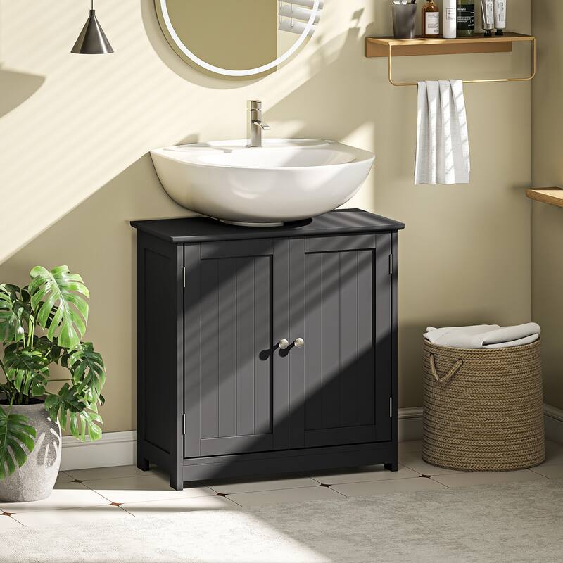 kleankin 23.5" Pedestal Sink Storage Cabinet, Freestanding Bathroom Under Sink Cabinet with U-Shape Cut-Out, Black