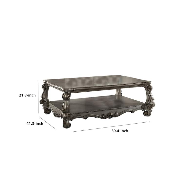 Wooden Coffee Table with Vintage Style Oversized Legs and One Open Shelf, Silver