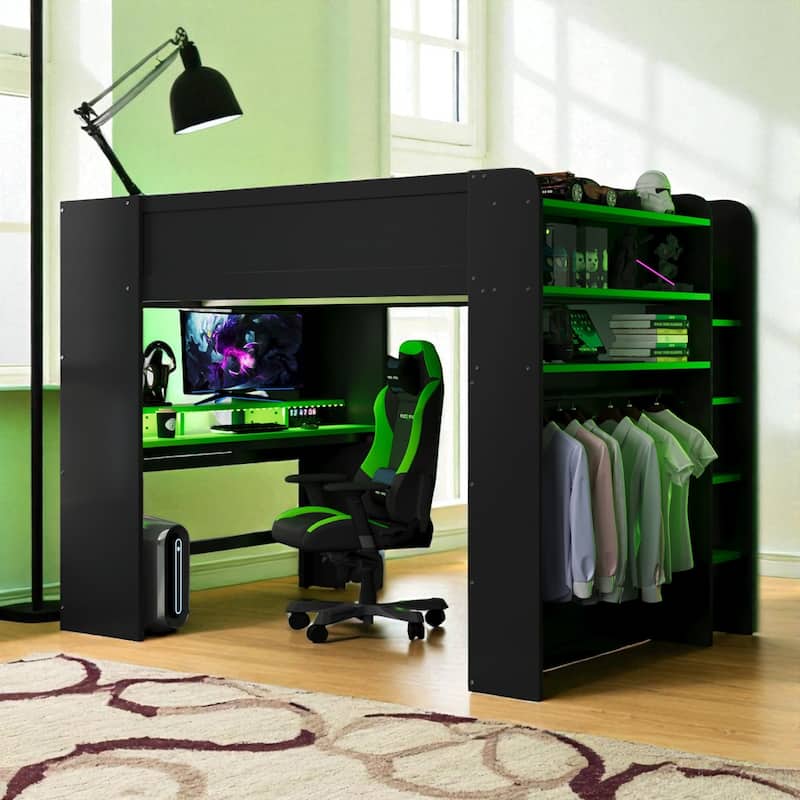 Full Size Wooden Bunk Bed with Adjustable Desk, Wardrobe Storage, USB & RGB Gaming Lights - Green - Full