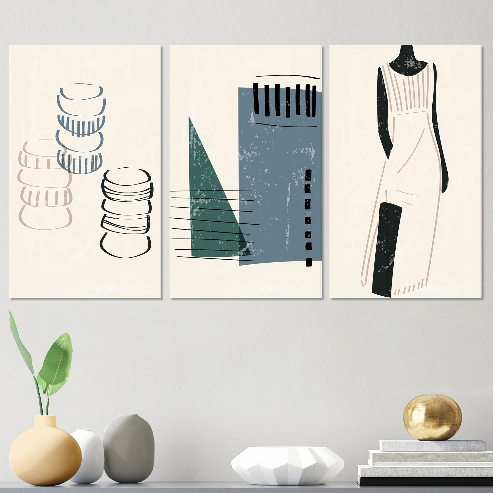 Designart Vintage Geometric Blue Shapes Abstract Wall Art Canvas-image