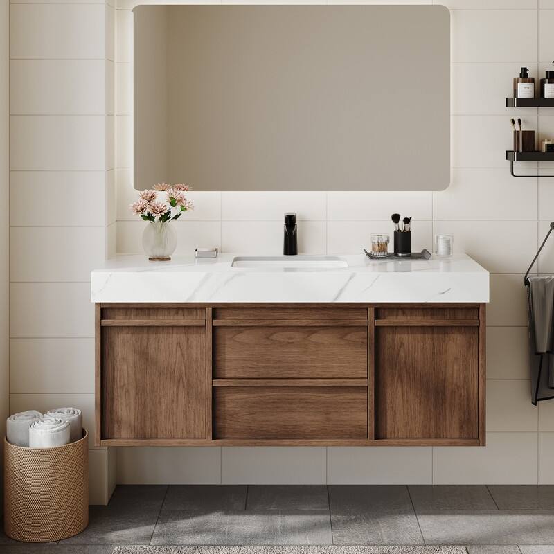 48"Mid Century Modern Wall-Mounted Bathroom Vanities,Single Sink,Brown Wood Texture with Sintered Stone Table top