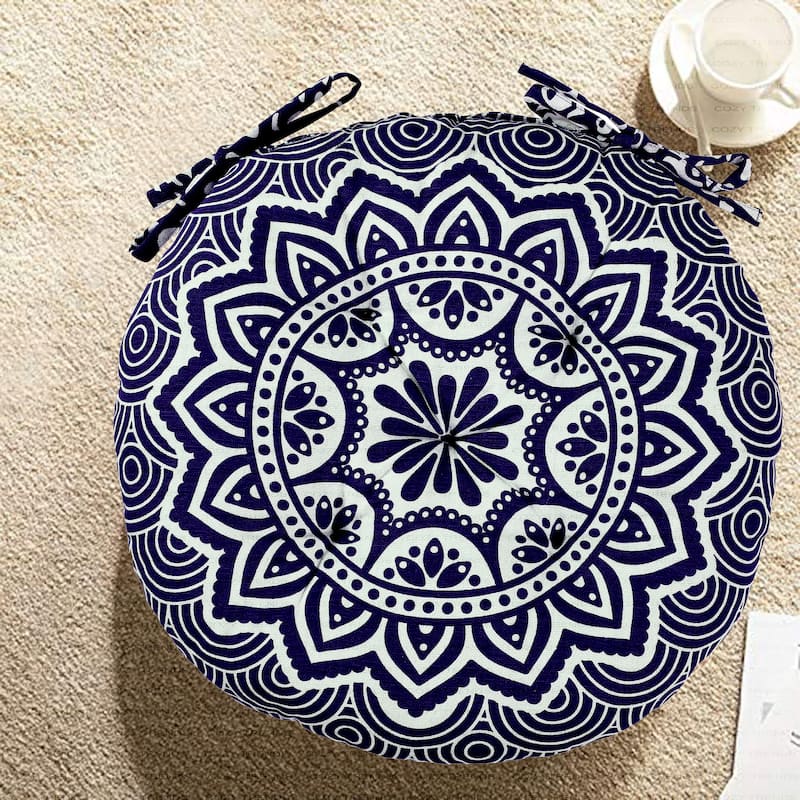 Handmade Cotton Mandala Tuffted Round Chair cushion pads 15''x15'' (Set of 2) with Ties for armchairs Dining Office chair - Navy
