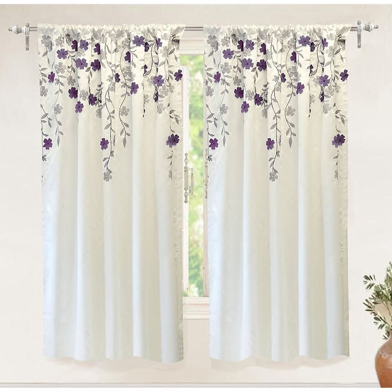 Porch & Den Oneida Floral Embroidered Faux Silk Window Curtain Panel - 50"Wx63"L-Single - ivory/ purple