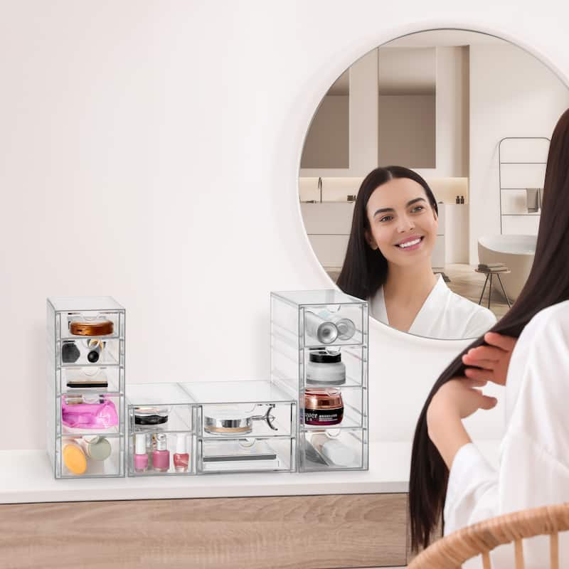 Sorbus Acrylic Cosmetic Makeup Organizer 12 Drawers Clear Stackable Storage Bins For Jewelry And Office Supplies Organizer- 3Pc