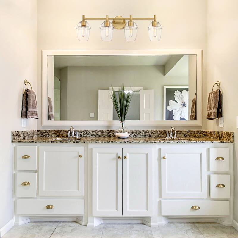 Summer Jazz 32 in. 4-Light Brushed Gold Vanity Light with Clear Glass Shades for Bathrooms