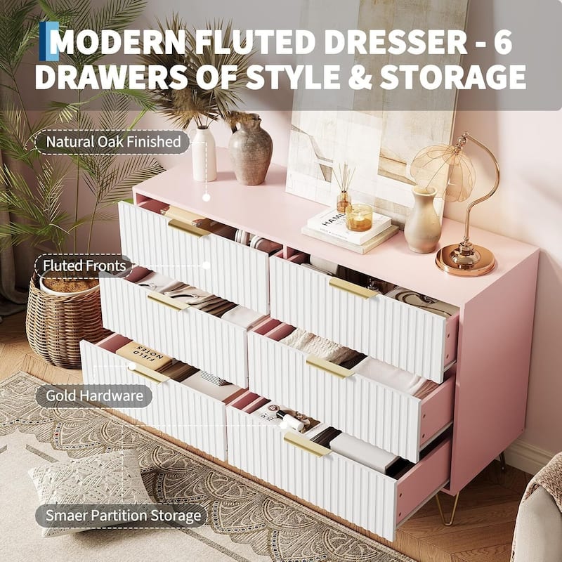 47" Wide Modern Fluted Dresser for Bedroom with 6 Drawers