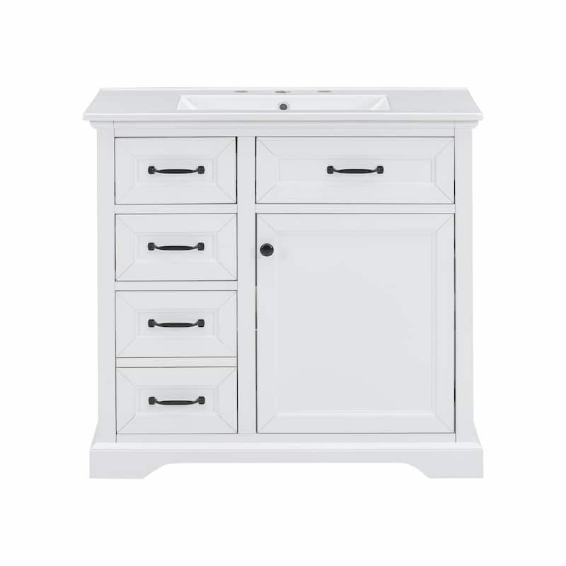 36-Inch Bathroom Vanity with Ceramic Sink Top - 4 Drawers and 1 Soft-Close Door